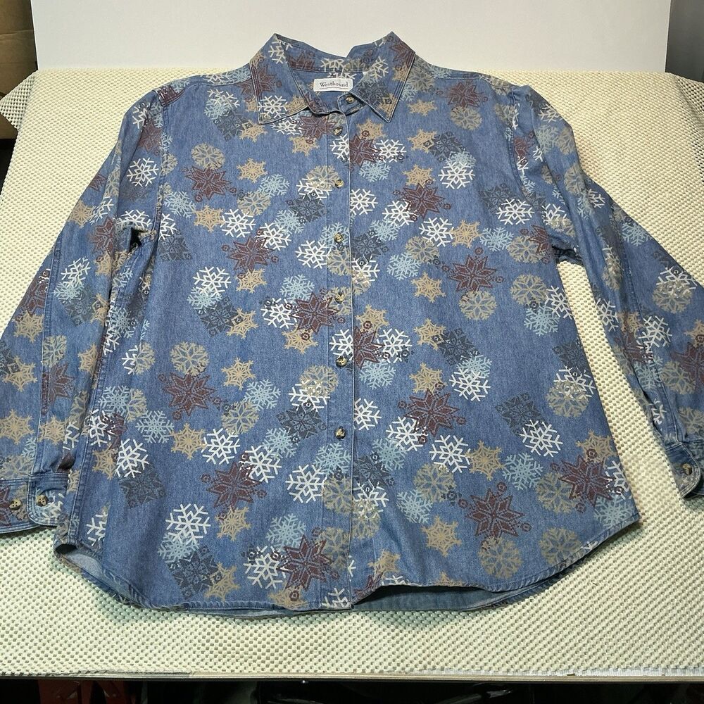 Westbound Women’s XL Denim Button Up Shirt Snowflake Print 100% Cotton Vintage